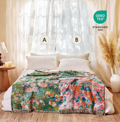 Boho Throw Blanket - 100% Cotton Soft Summer Throw Blanket for Bed, 50"x60" Reversible Breathable Lightweight Blankets, All Seasons Farmhouse Decor Floral Plant Butterfly Throw Quilt