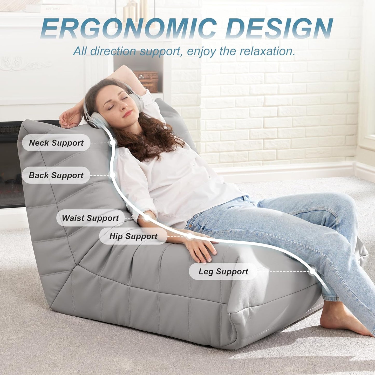 Hobestluk Giant Bean Bag Chair Lazy Floor Sofa, Memory Foam Fireside Sofa for Adults, Big Beanbag Faux Leather Armless Chair for Living Room Bedroom Dorm Office (Brown, Single)