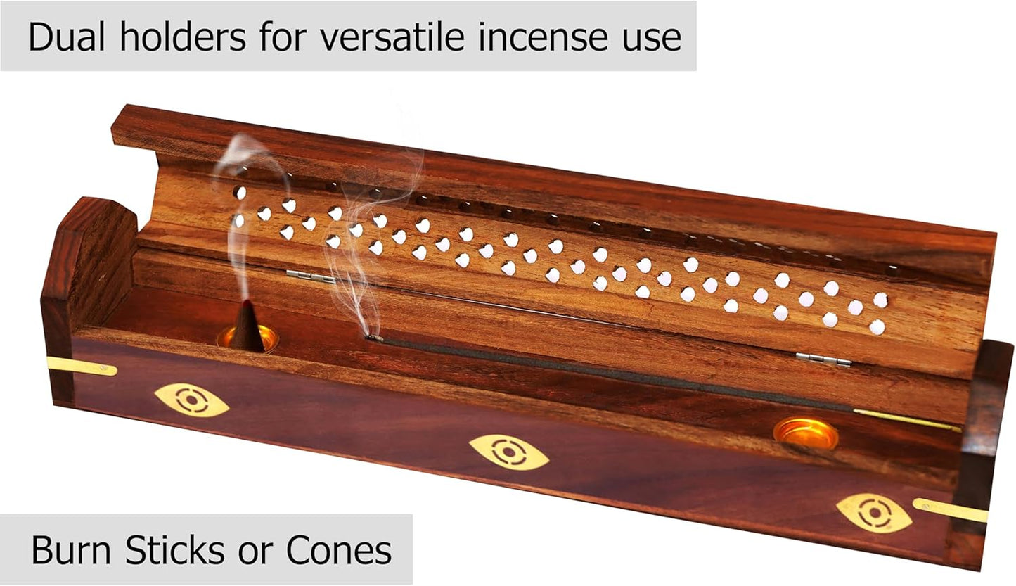 Sheesham Wood Incense Burner Holder - Set of 2 Coffin Style Sun Moon Inlay Handmade Aromatherapy Room Freshener Fragrance Cone Incense Stick Burner Ash Catcher - Zen Home Gift - 12x2x2 - COTTON CRAFT