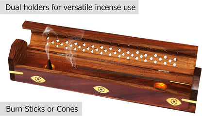 Sheesham Wood Incense Burner Holder - Set of 2 Coffin Style Sun Moon Inlay Handmade Aromatherapy Room Freshener Fragrance Cone Incense Stick Burner Ash Catcher - Zen Home Gift - 12x2x2 - COTTON CRAFT
