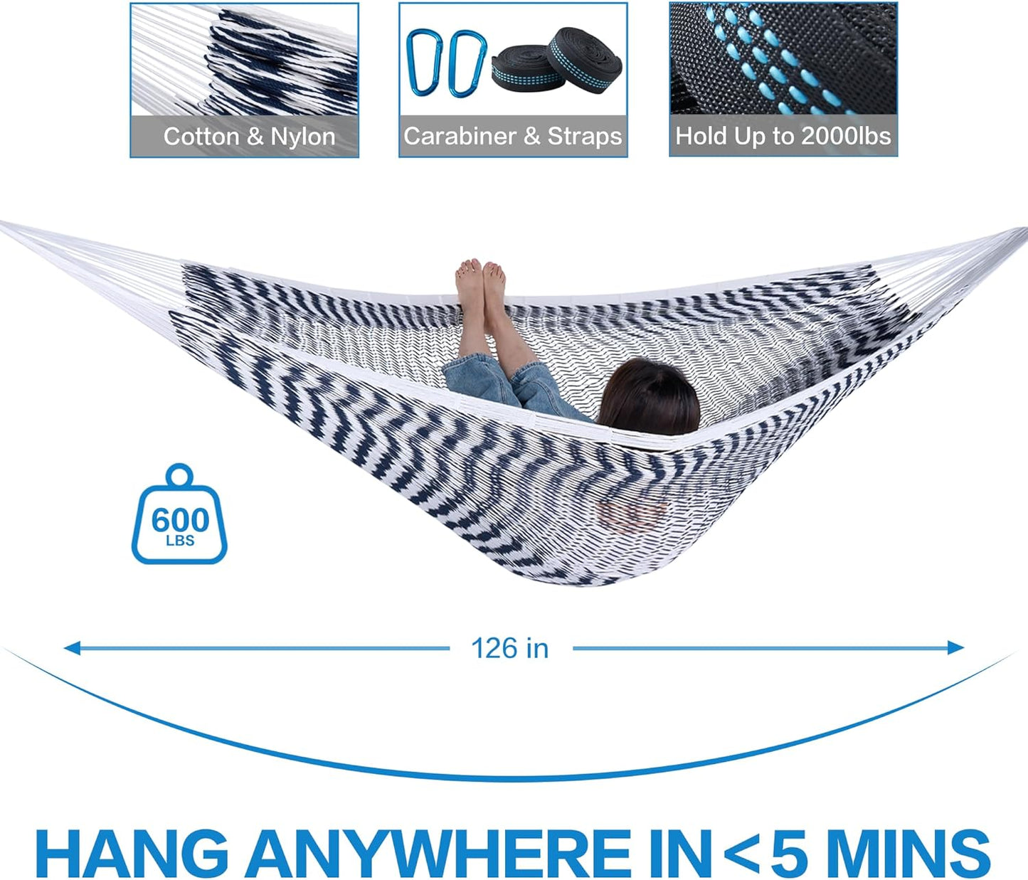 PNAEUT Handwoven Mayan Hammocks, Double Rope Hammock for Outdoor Outside & Indoor, Thick Soft 600 lbs Capacity Heavy-Duty, Includes Tree Straps, Carabiners & Carrying Bag (Nature, X-Large)