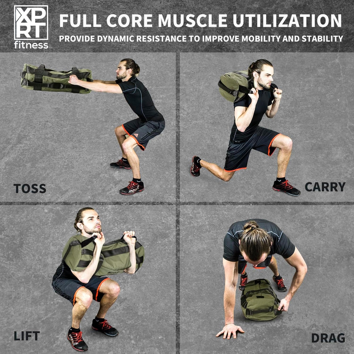 XPRT Fitness Workout Sandbag for Heavy Duty Workout Cross Training 7 Multi-positional Handles - Color Army Green/Black/Camo