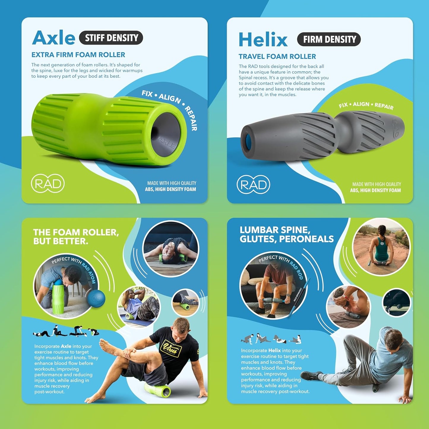 RAD All-in Kit 7-in-1 Foam Roller Set for Whole Body Massage & Myofascial Release with Roller Stick, Yoga Block, Massage Balls Muscle Recovery Tools for Mobility & Flexibility