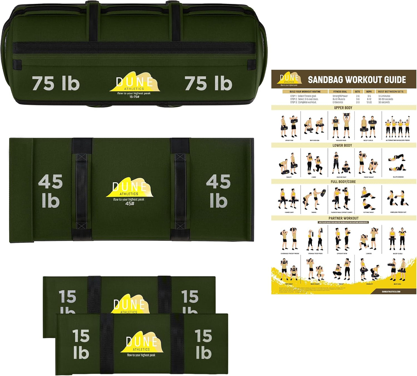 Sandbags for Working Out (Unfilled) - Enhance Your Fitness with Our Workout Sandbag, Versatile & Durable Sand Bags for Weight Training 15-75 lbs - Sandbags for Fitness Guide Included