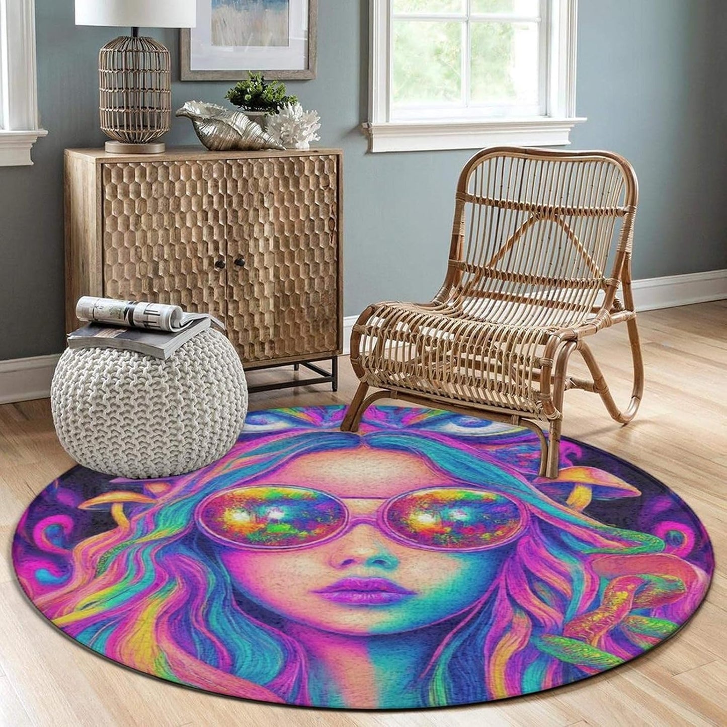 Machine Washable Modern Round Area Rug, Room Sofa Yoga Soft Round Carpet, Home Decor Non Slip Kitchen Office Circle Rug Union Jack Flag UK Mandala Art, 60inch