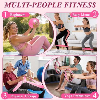 Pilates Ring and Small Ball Set for Women with 5 Resistance Bands, 14 inch Magic Circle Home Workout Essentials Starter Kit for Beginners, Yoga Sets for Full Body Toning Shape