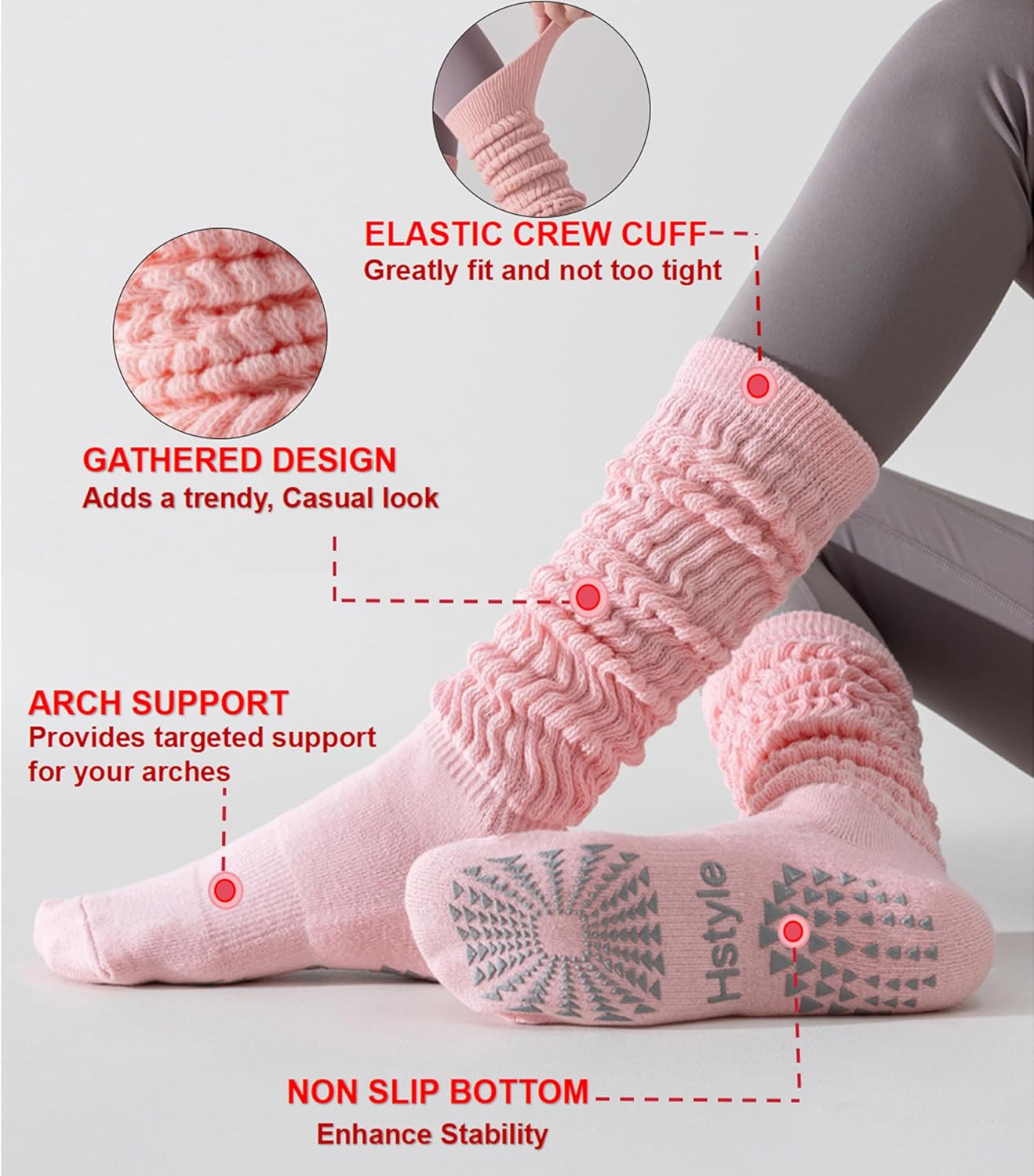 Hstyle Grip Pilates Socks for Women, Slouch Scrunch Yoga Barre Socks for Hospital Workout