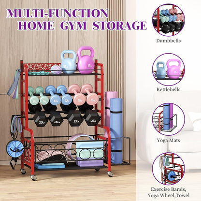 400LBS Dumbbell Rack, VOPEAK Adjustable Weight Rack for Home Gym, Home Gym Storage Rack for Yoga Mat Kettlebells and Strength Training Equipment, Weight Storage Rack for Dumbbells with Wheels