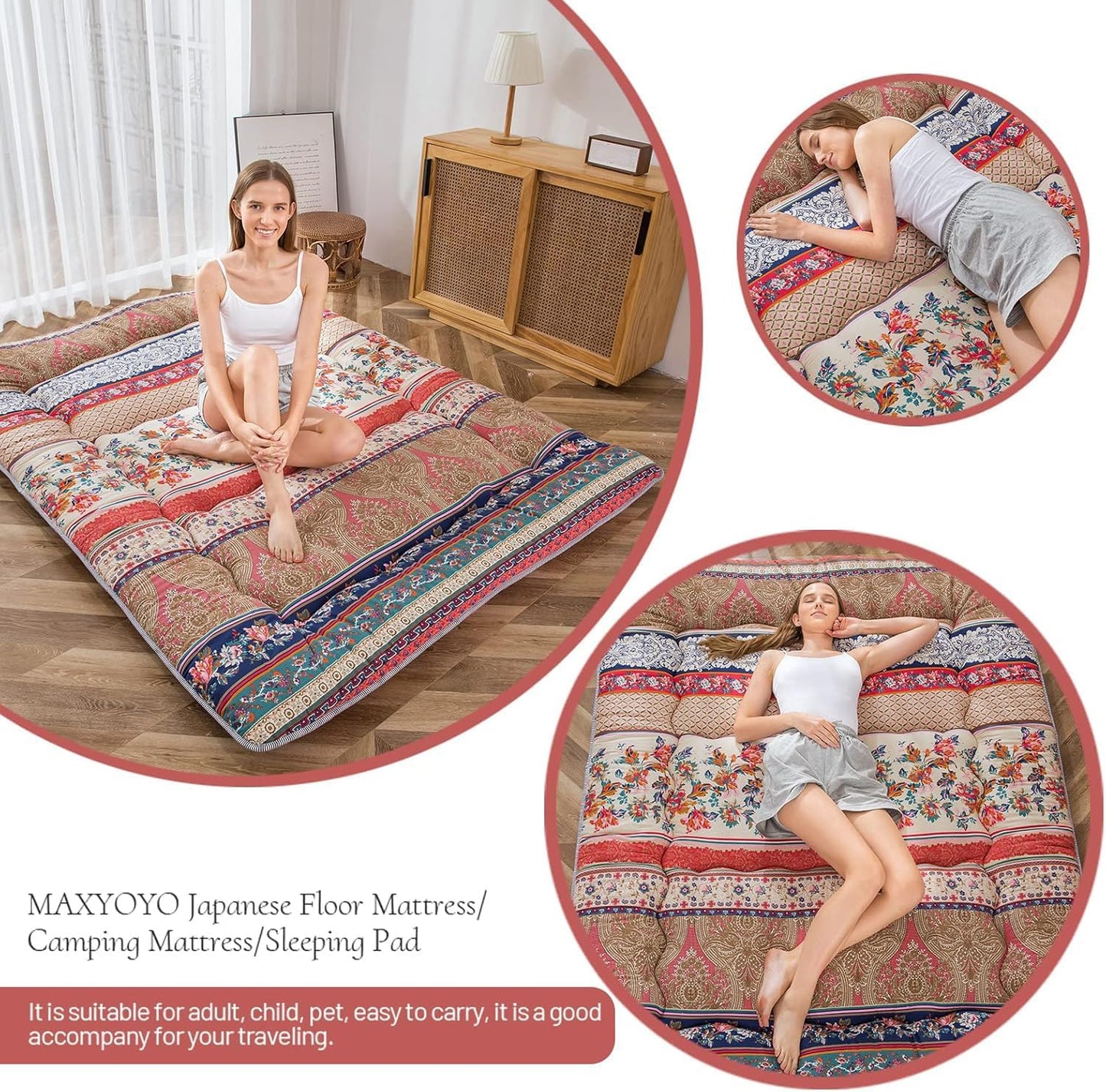 MAXYOYO Bohemian Retro Mattress Boho Floral Japanese Futon Mattress Tatami Floor Mat Foldable Portable Camping, Sleeping Pad, Lounger Couch Bed Full Size