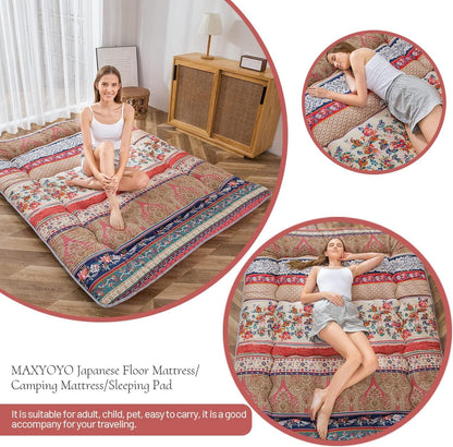 MAXYOYO Bohemian Retro Mattress Boho Floral Japanese Futon Mattress Tatami Floor Mat Foldable Portable Camping, Sleeping Pad, Lounger Couch Bed Full Size