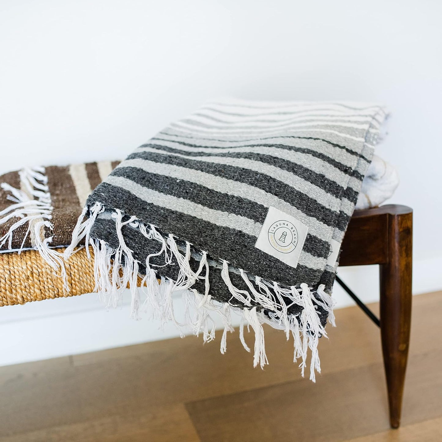 Mexican Blanket by Laguna Beach Textile Co - Beach, Yoga, Camping, or Decorative Throw Blanket - Traditional Handmade Serape (Ivory)