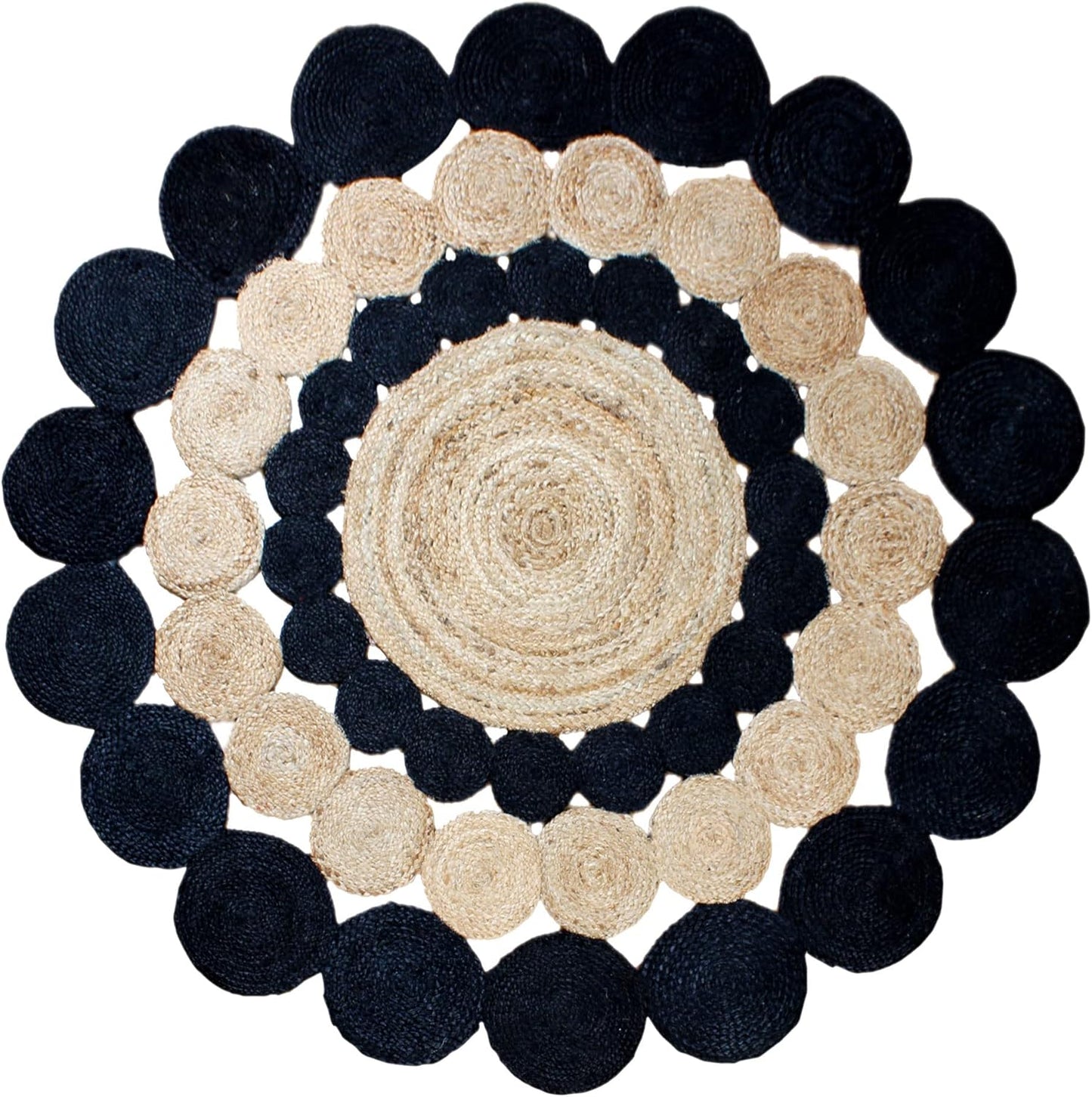 Collection Circle Area Rug - 3 x 3 Ft' Beige and Black Geometric Pettern Jute Mat Ideal for High Traffic Area in Hallway Bedroom Living Room Dining Room Kitchen Terrace Yoga Mat