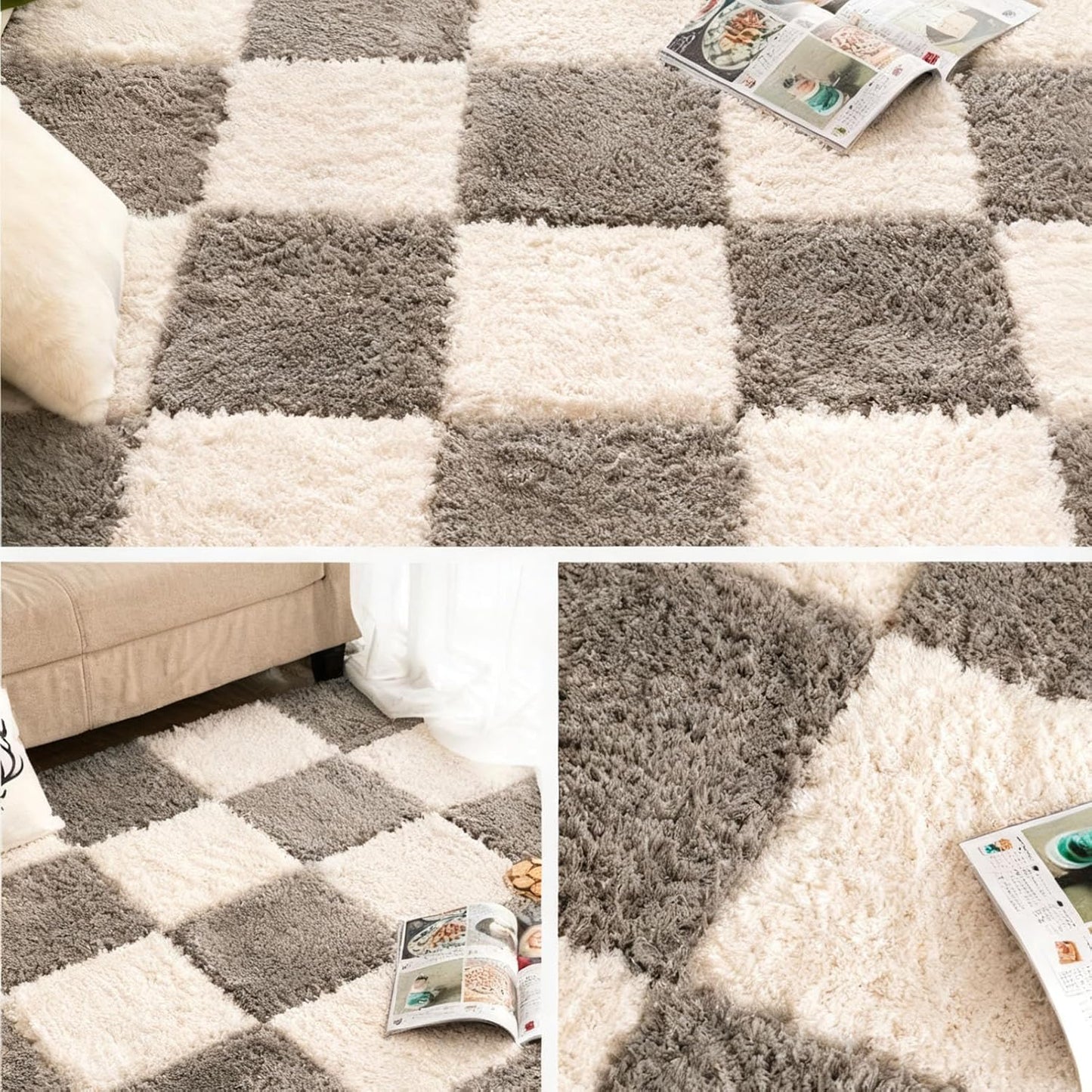 Thickened Plush Foam Interlocking Floor Carpet Mat, 24 Piece 12x12in Fluffy Square Puzzle Foam Carpet Tiles with Edgings, Soft Anti-Slip Shaggy Area Rug Playmat (Green+White)