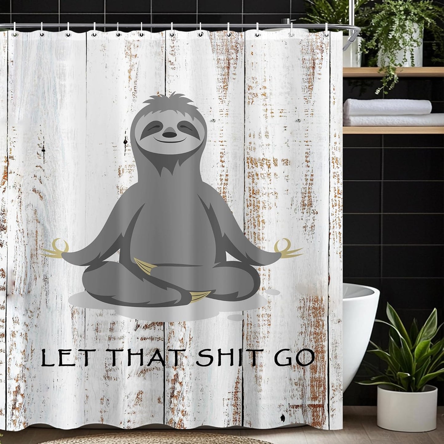 Funny Cute Yoga Sloth Shower Curtain Sets for Bathroom 60Wx72H Fun Animal Inspirational Quotes Shower Curtain Rustic Motivational Bathtub Curtain Wooden Farmhouse Bathroom Decor with 12 Hooks