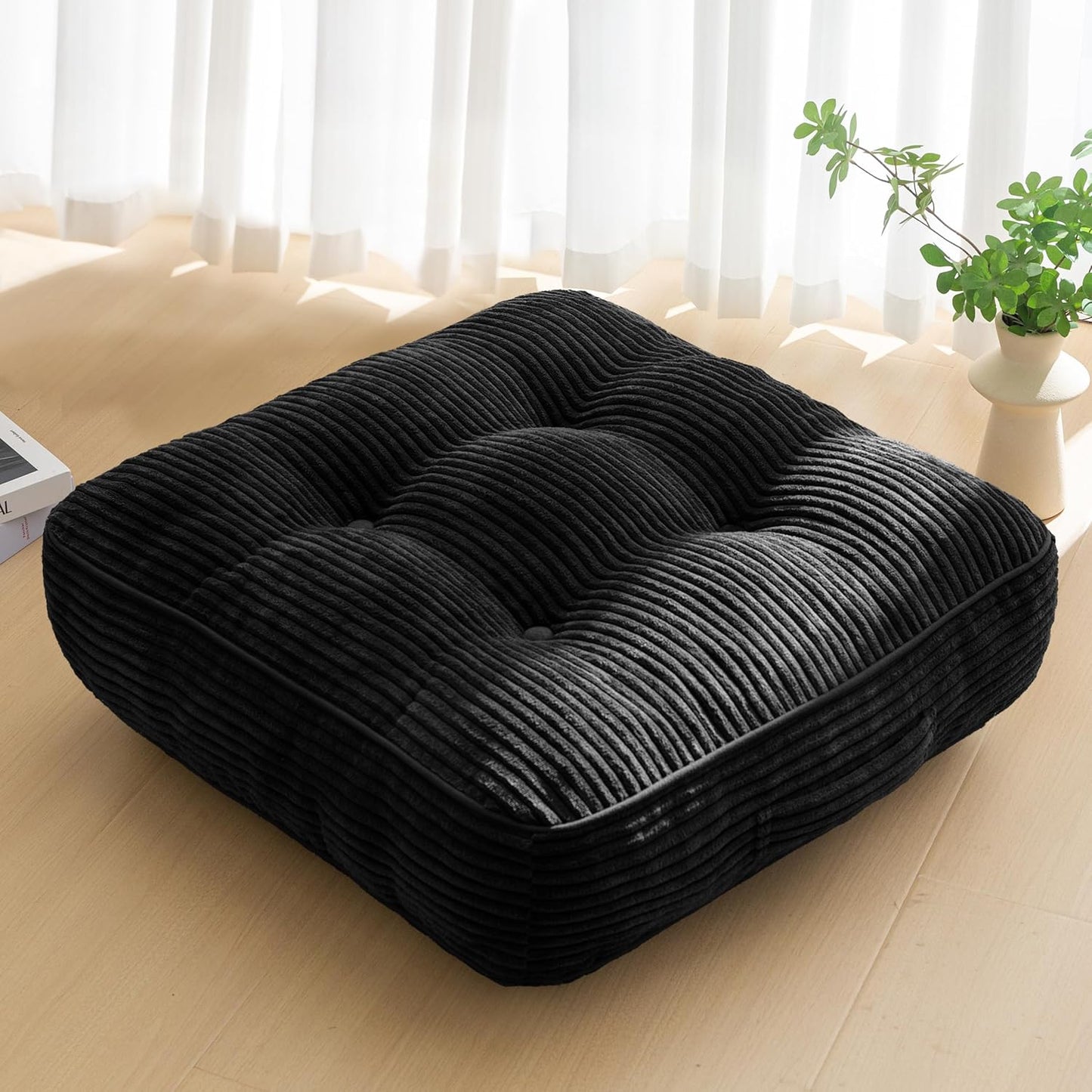 HIGOGOGO Floor Pillow Cushion for Adults, Meditation Cushion Pillow, Large Square Floor Sitting, Tufted Corduroy Cover, for Tatami Living Room or Yoga, 22x22 Inch, Dark Grey