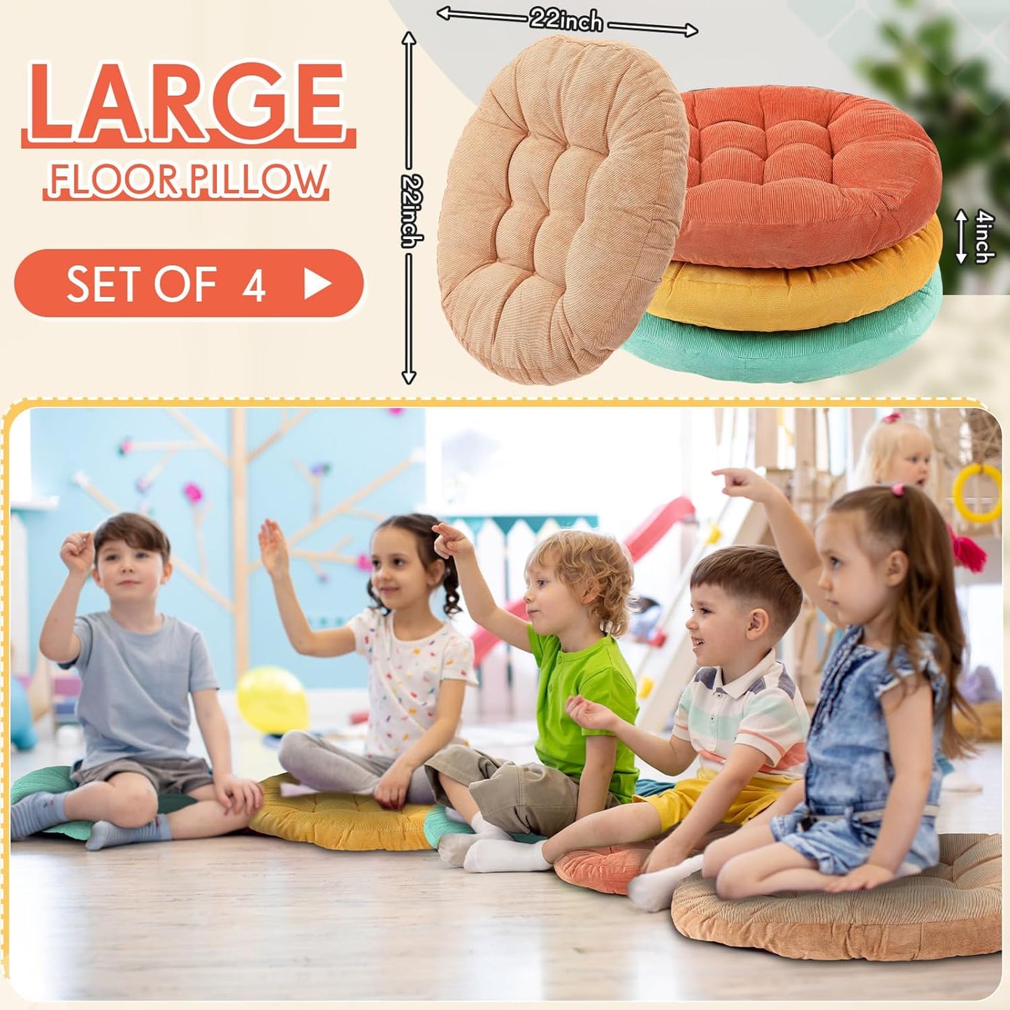 Jerify Floor Pillow Cushions Large Round Square Large Meditation Floor Pillow for Classroom Adult Meditation Picnic Party Seating Learning Daycare School(Square,Mixed Colors,4 Pcs)