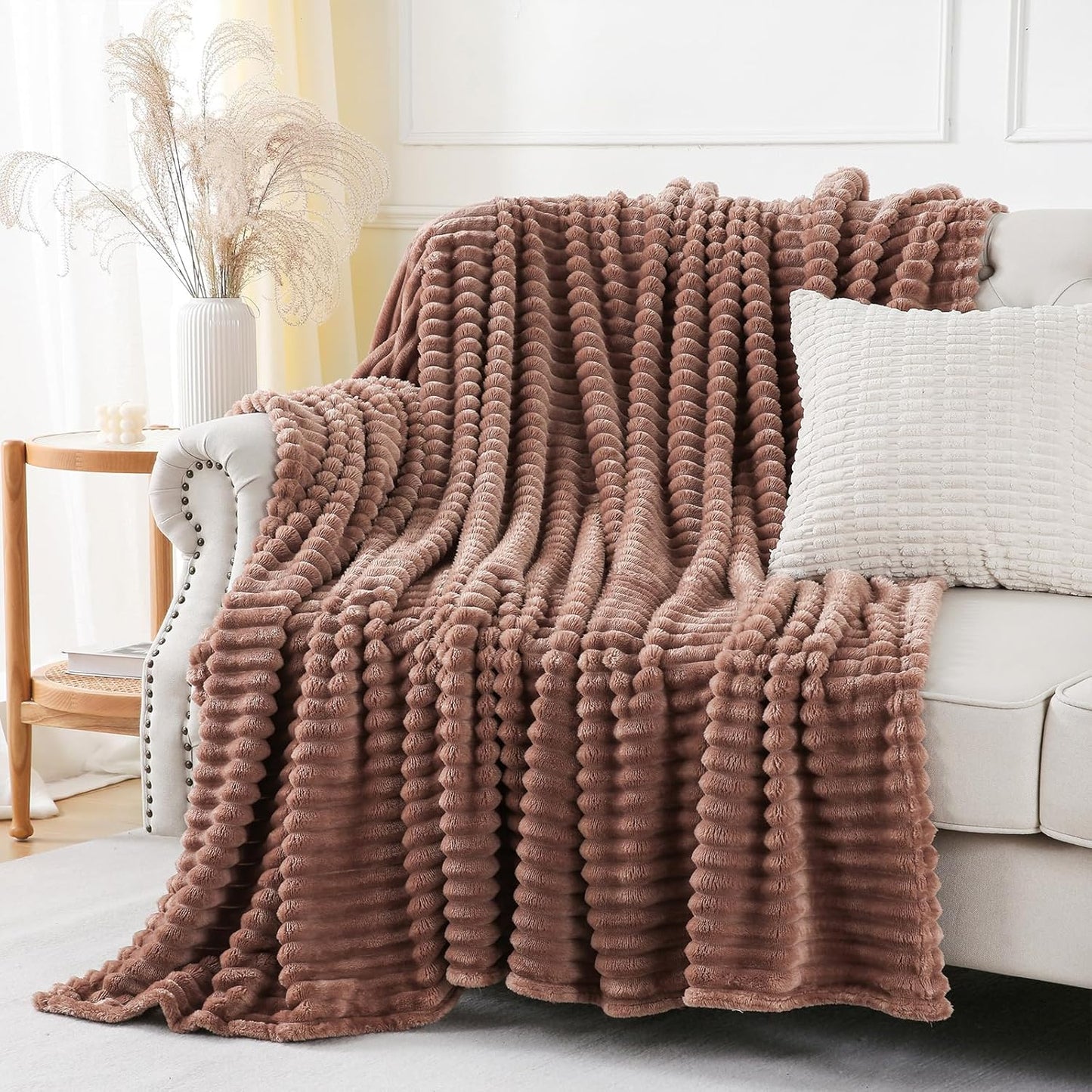 Khaki Throw Blanket for Couch Sofa 50x60 inches Striped Fleece Blankets Room Home Decor Lightweight Plush Soft Cozy Gifts for Women Mom Girls