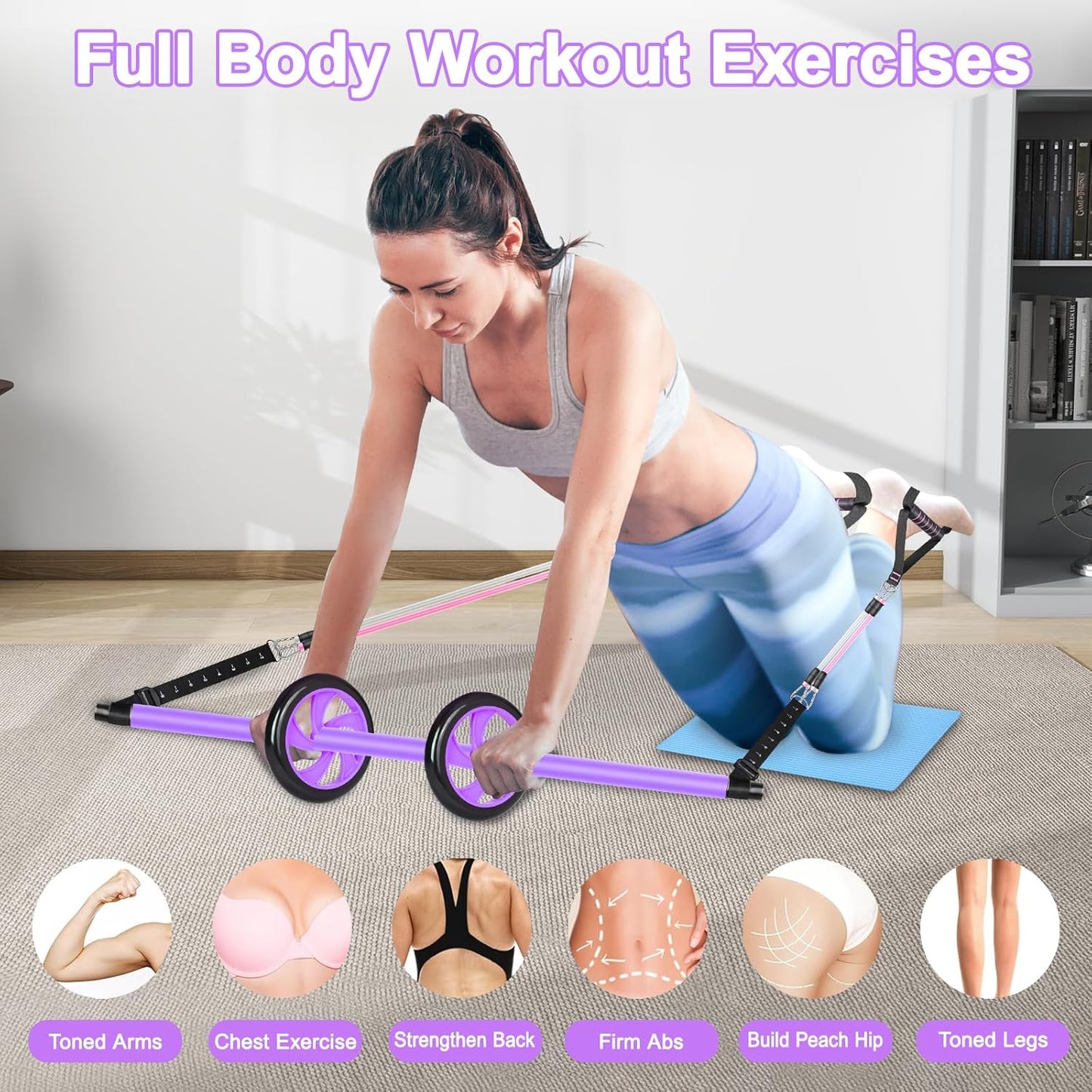 BBTOPS Pilates Bar Kit with Resistance Bands,Ab Roller,2 in 1 Foot Strap & Handle,Door Anchor Pilates Equipment with Resistance Bands, Portable Home Gym Yoga Fitness Bar for Women & Men