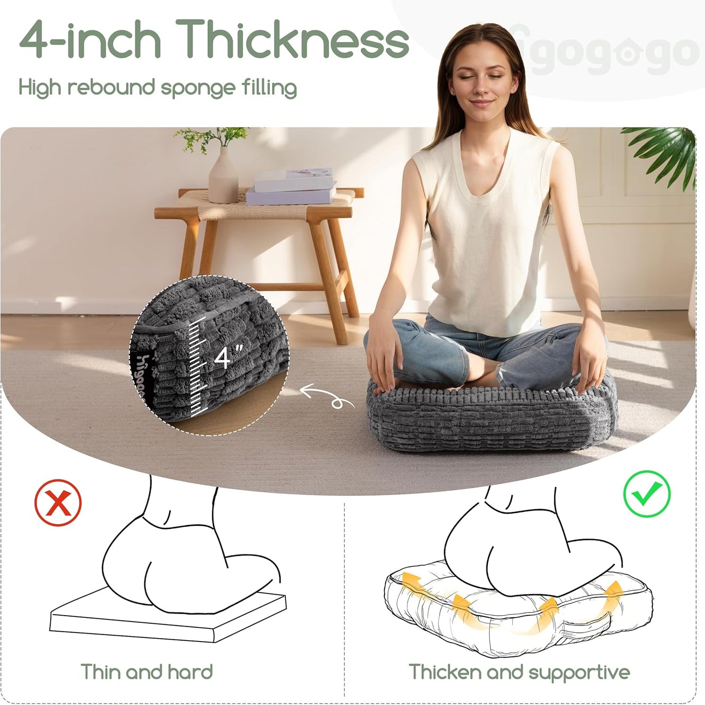 HIGOGOGO Floor Pillow Cushion for Adults, Meditation Cushion Pillow, Blended Corduroy Cover, Large Square Floor Sitting for Tatami Living Room or Yoga, 22x22 Inch, Beige
