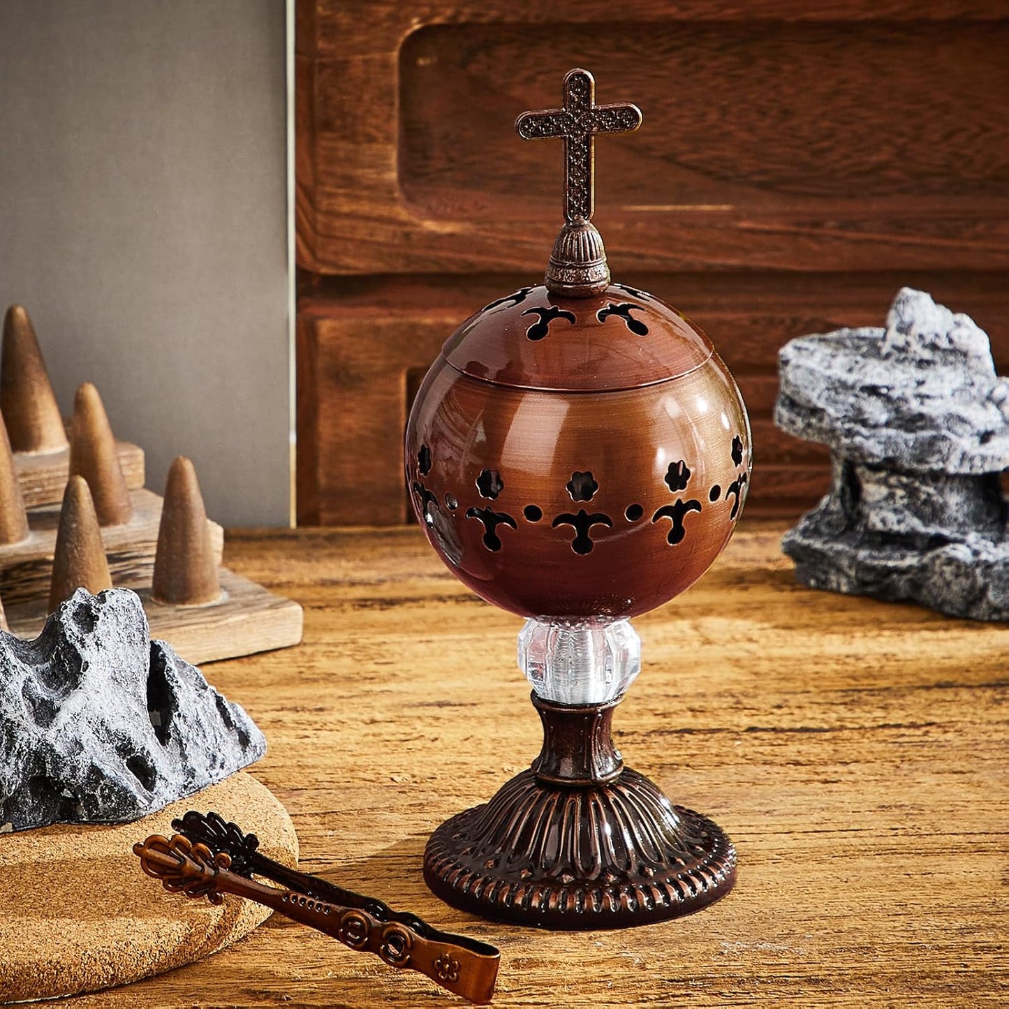 Zonon 1 Set Incense Burner with Tong, Frankincense Charcoal Incense Stand Holder, Ideal for Yoga, Spa, Aromatherapy, Home and Christian Church Censer (Gold,Retro)