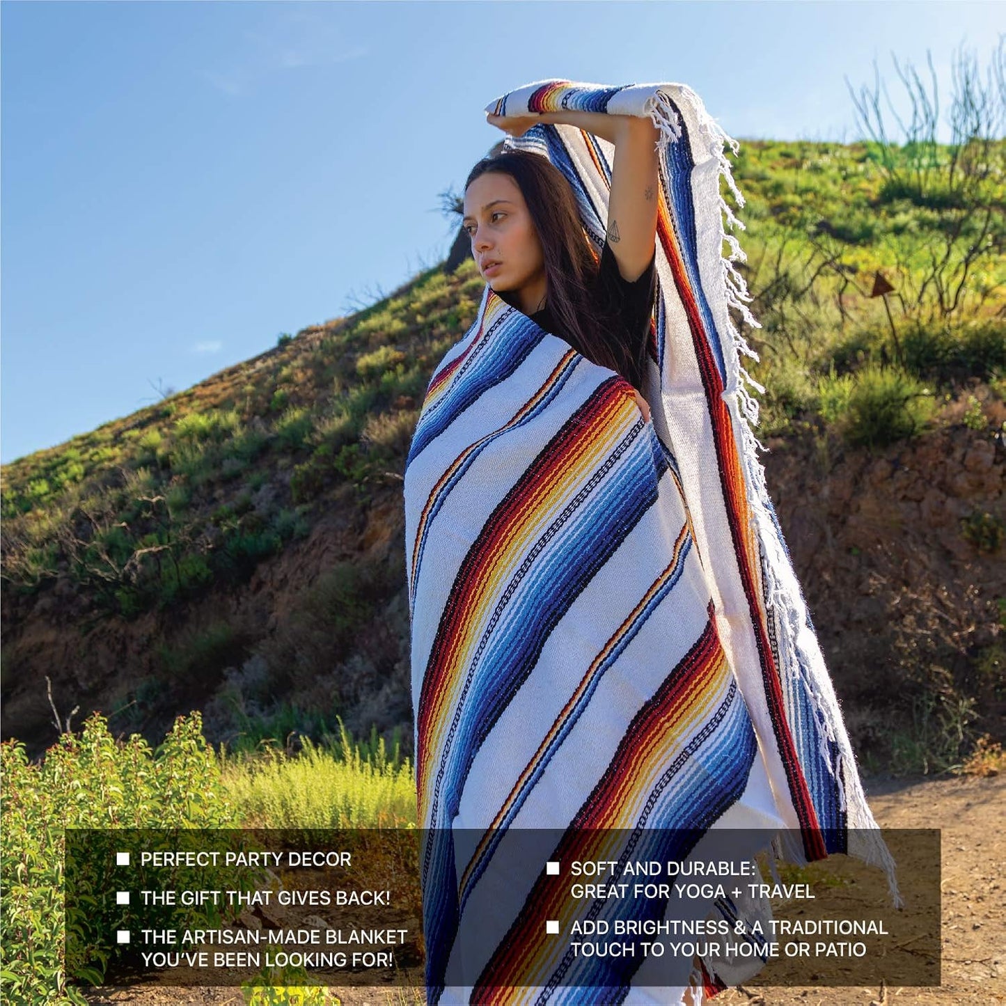 Benevolence LA Mexican Blanket, Authentic Handwoven Yoga Blanket & Outdoor Blanket, Made by Traditional Mexican Artisans, Saddle Blanket, Beach Blanket, Picnic Blanket, & Car Blanket 75 x 52 - Agua
