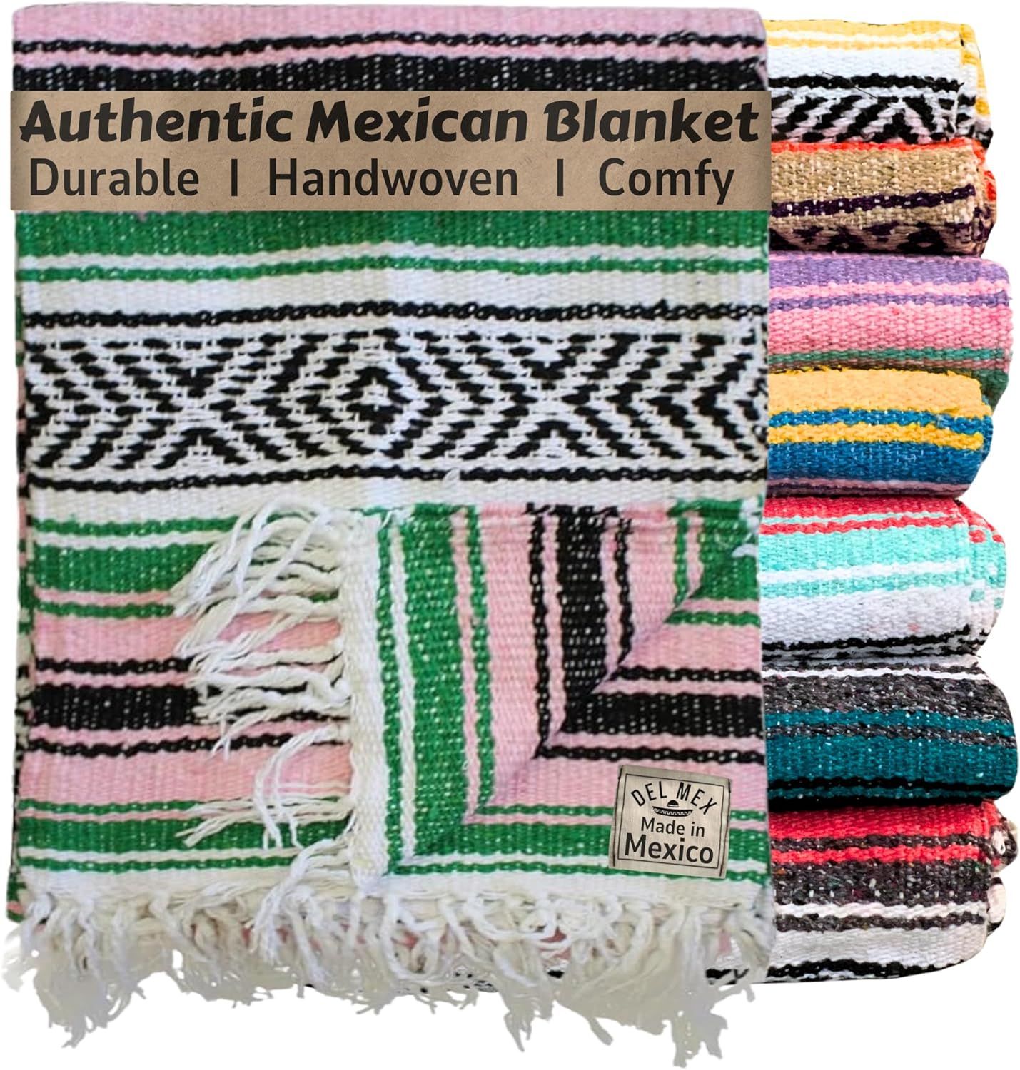 Del Mex Classic Mexican Blanket, Large Authentic Woven Falsa Throw (70"x50"), Artisan Southwest Décor for Beach, Yoga, Outdoors (Lavender)