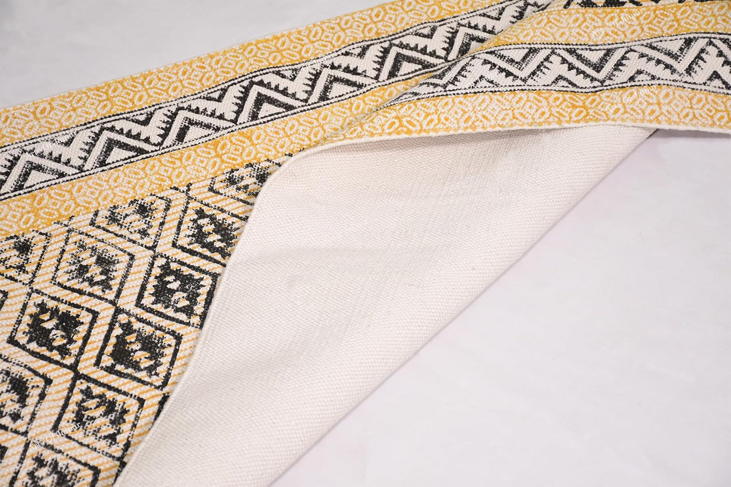 2x6 Ft Geometric Pattern Indian Handmade Cotton Runner Extra Large Hand Woven Flat Weave Yellow Black High Traffic Area Indian Yoga Mat Runner Low Pile Indoor Outdoor Use Rug - Colors A