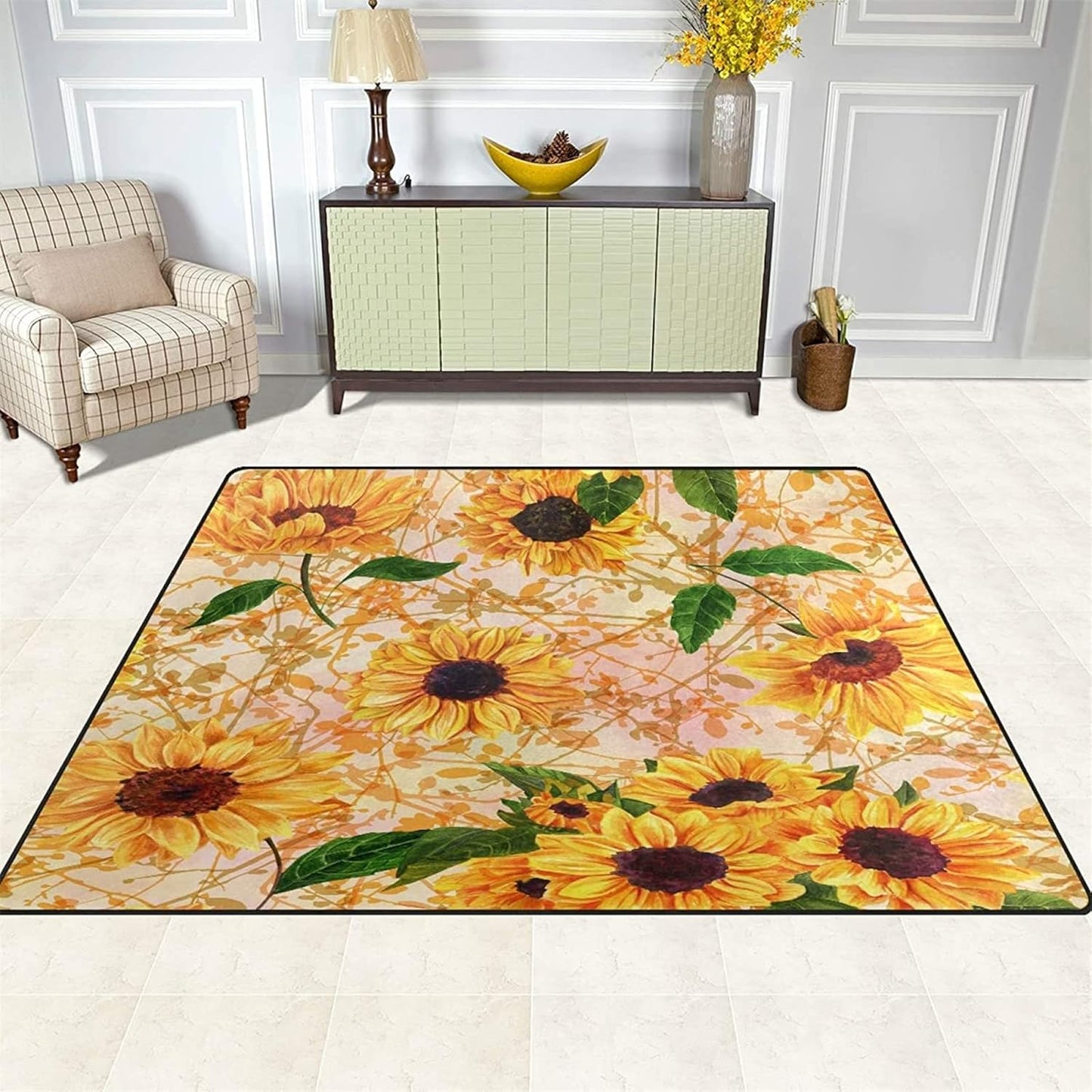 You are My Sunshine Sunflower Area Rug 6x8ft Beautiful Bee Butterfly Rug Indoor Low Pile Non-Shedding Carpet for Contemporary Retro Living Room Bedroom Yoga Mat Washable Non-Slip Rugs