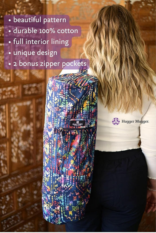 Hugger Mugger Batik Yoga Mat Bag - beautiful pattern, durable 100% cotton, full lining, adjustable strap, 2 extra zipper pockets