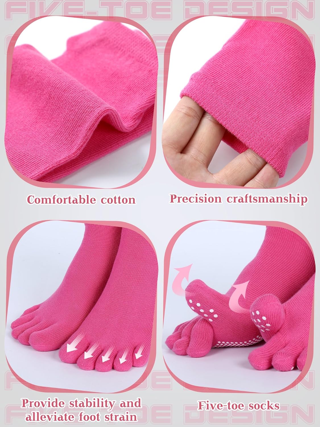 Fourluoo 6 Pairs Women Toe Socks Non Slip Yoga Socks with Grip Men Pilates Toe Socks for Dance Gym