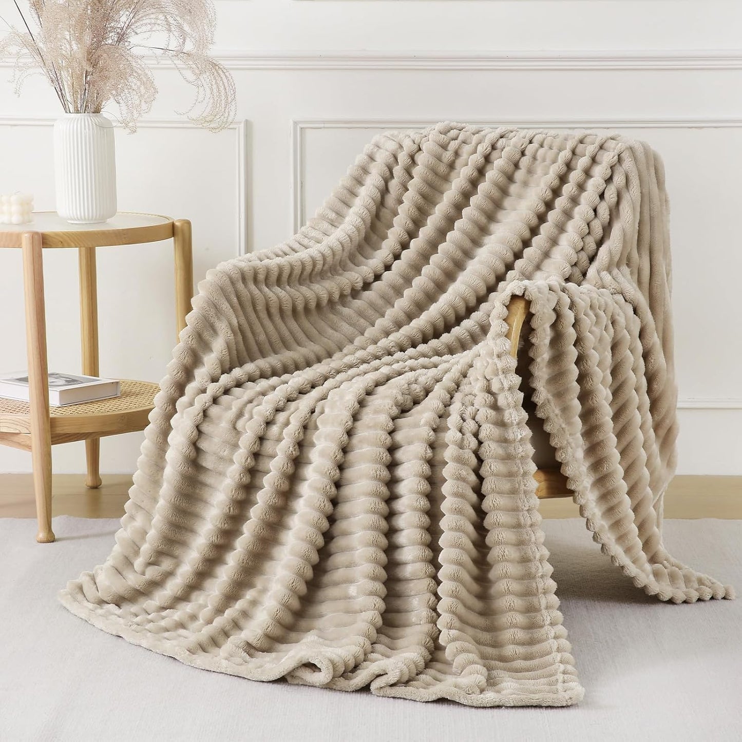Khaki Throw Blanket for Couch Sofa 50x60 inches Striped Fleece Blankets Room Home Decor Lightweight Plush Soft Cozy Gifts for Women Mom Girls