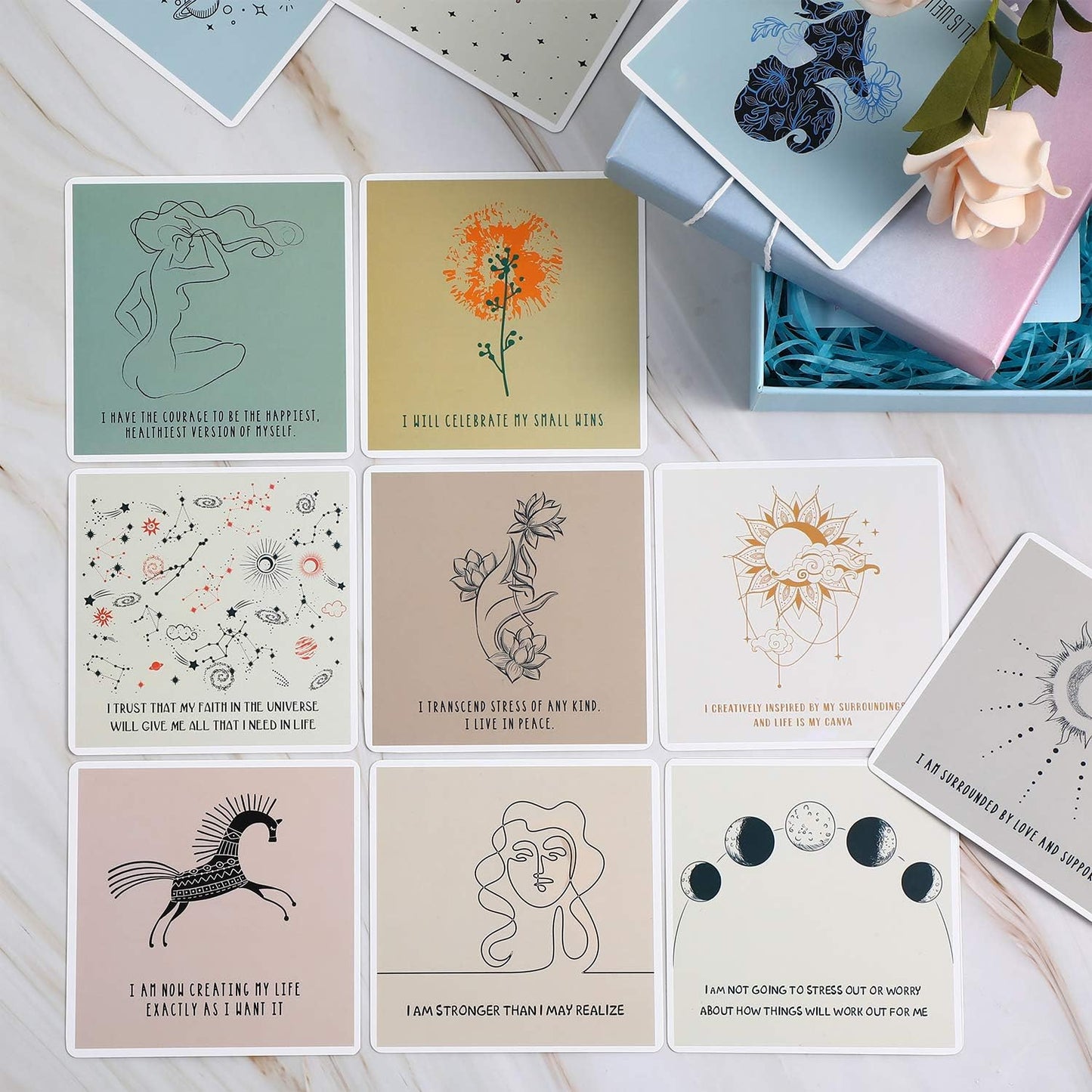 Outus 50 Pcs Positive Affirmation Cards for Women, 4 x 4 Inch Daily Meditation Motivational Cards with Inspirational Questions, Mindfulness Gifts for Adult(Bright Color Series)