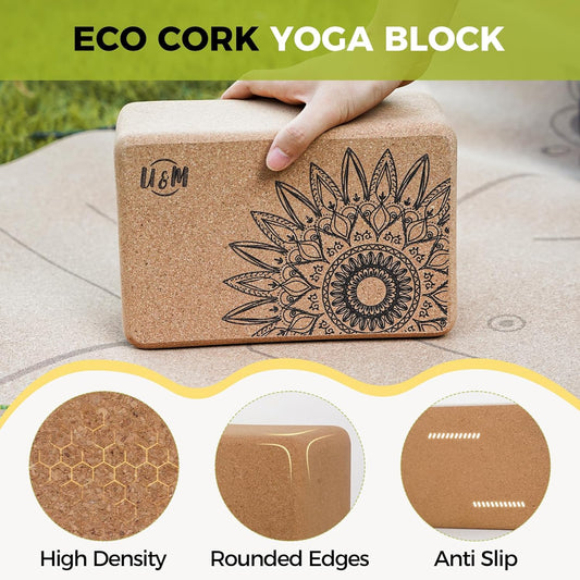 U&M Cork Yoga Blocks 2 Pack Set,Natural Cork High Density 9"x6"x4" Yoga Blocks Odor-Resistant Non-Slip for Yoga, General Fitness, Pilates, Stretching and Toning