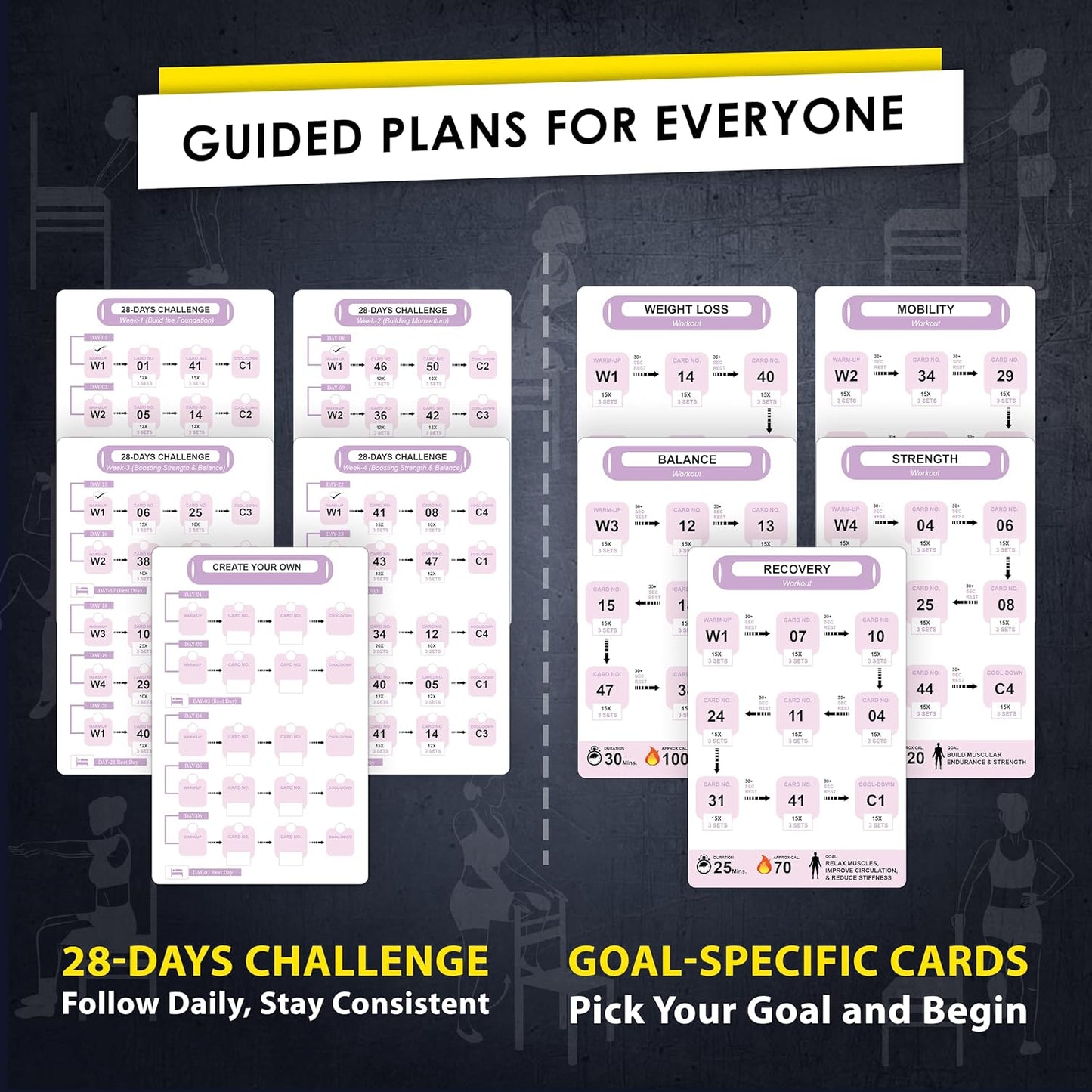 Flexies Chair Yoga Workout Cards – 58 Seated Exercise Cards for Beginners & Seniors | 28 Day Chair Workout Chart for Weight Loss, Strength, Flexibility & Balance