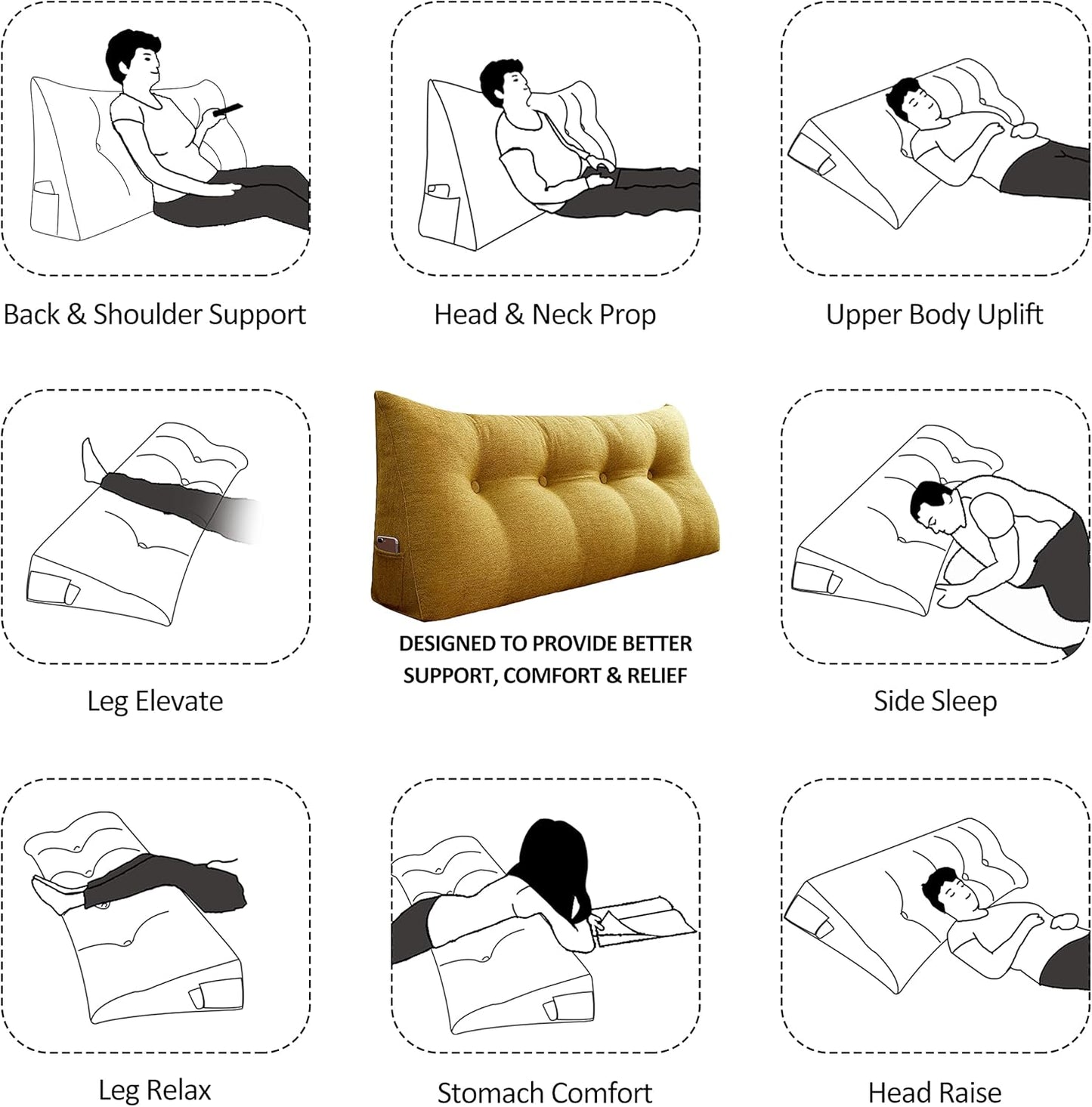 Cotton Linen Daybed Pillow Large Filled Triangular Soft Headboard Wedge Cushion Bed Backrest Positioning Support Reading Pillow for Adult Shoulder Lumbar Leg Bolster（Yellow, Small）