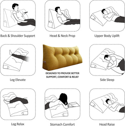 Cotton Linen Daybed Pillow Large Filled Triangular Soft Headboard Wedge Cushion Bed Backrest Positioning Support Reading Pillow for Adult Shoulder Lumbar Leg Bolster（Yellow, Small）