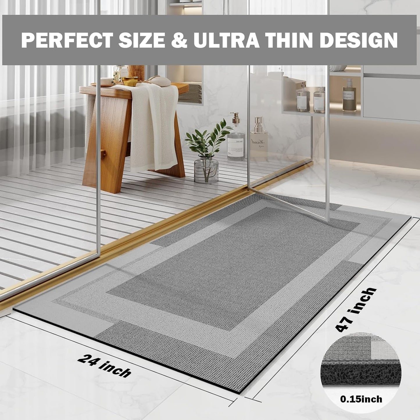 YDKGL Non Slip Long Bath Mat Bathroom Runner, Rubber Backing Ultra Thin Bathroom Rugs Fit Under Door Quick Dry Super Absorbent Washable Bath Rug Shower Mat for Bathtub Sink Floor, Dark Gray 17"x47"