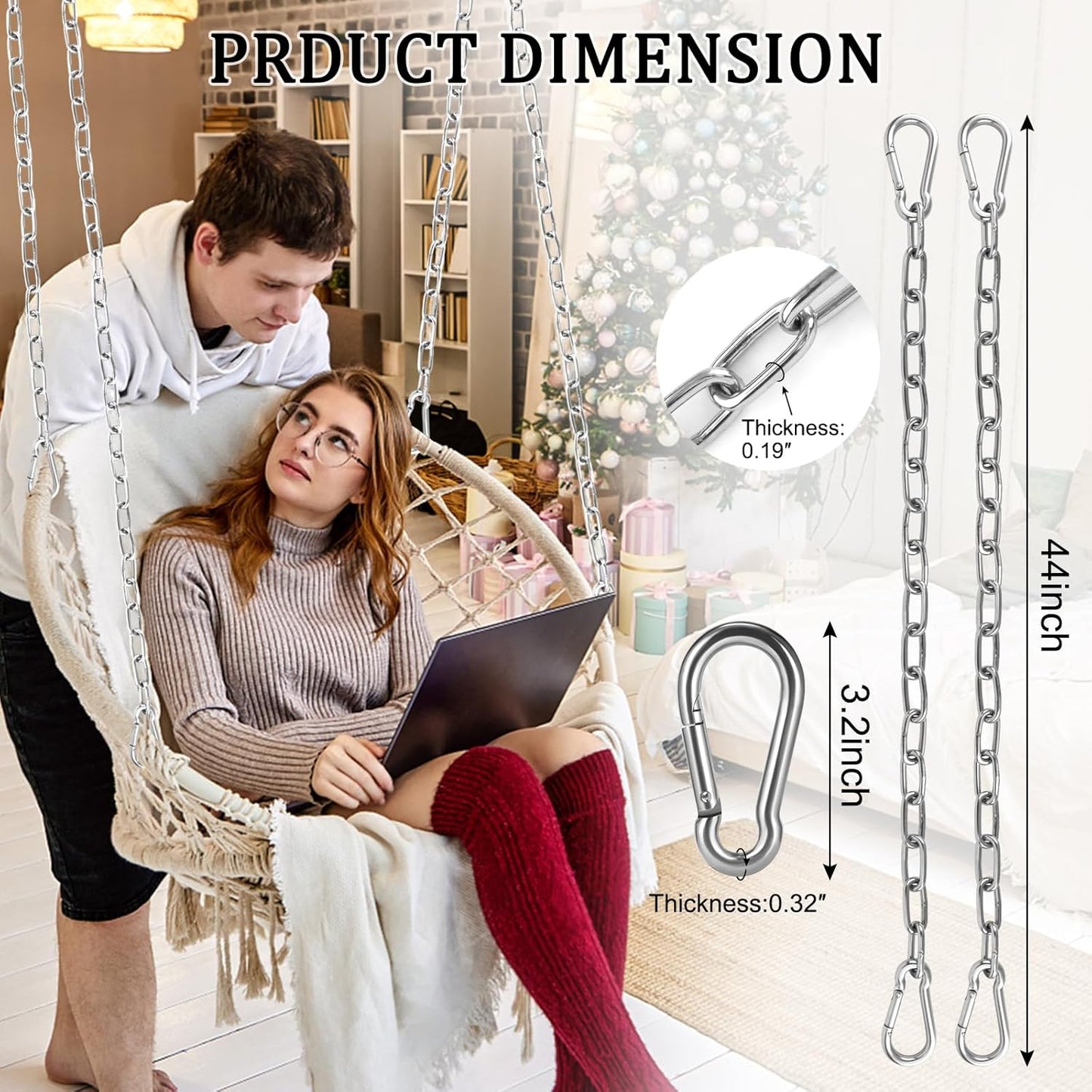 2 Pack 44in Hanging Swing Chain with 4 Carabiners, 660LB Capacity Hanging Kits Heavy Duty Hanging Chair Hardware for Hammock Swing Hanging Chair Punching Bags Sandbag Indoor Outdoor Yoga Gym (Black)