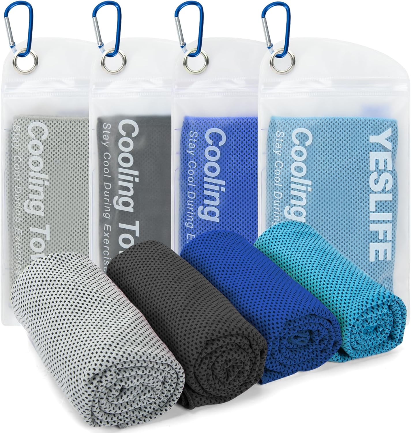 YESLIFE 4 Pack Cooling Towels 40"x12", Gym Towels for Men and Women, Soft Breathable Workout Towels for Yoga, Running, Sport, Workout, Camping, Fitness & More (Blue, Grey, Green, Pink)