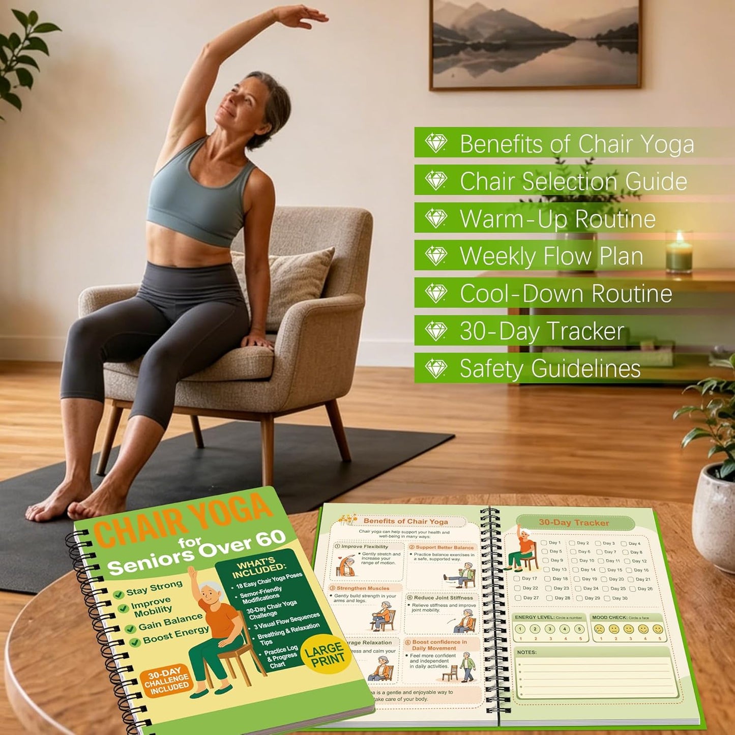 Chair Yoga for Seniors Over 60 Book & Chart – 30-Day Challenge, Gentle Seated Yoga Guide, Chair Yoga for Weight Loss & Flexibility, Senior Chair Exercises for Women & Men, 8.5x11" Book on Chair Yoga