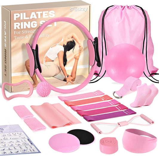 Pilates Ring Set for Women, Pilates Set with Magic Circle,Resistance Bands, Pilates Kit for Home Workout, Pilates Equipment for Strength, Toning and Flexibility(Purple,15pcs)