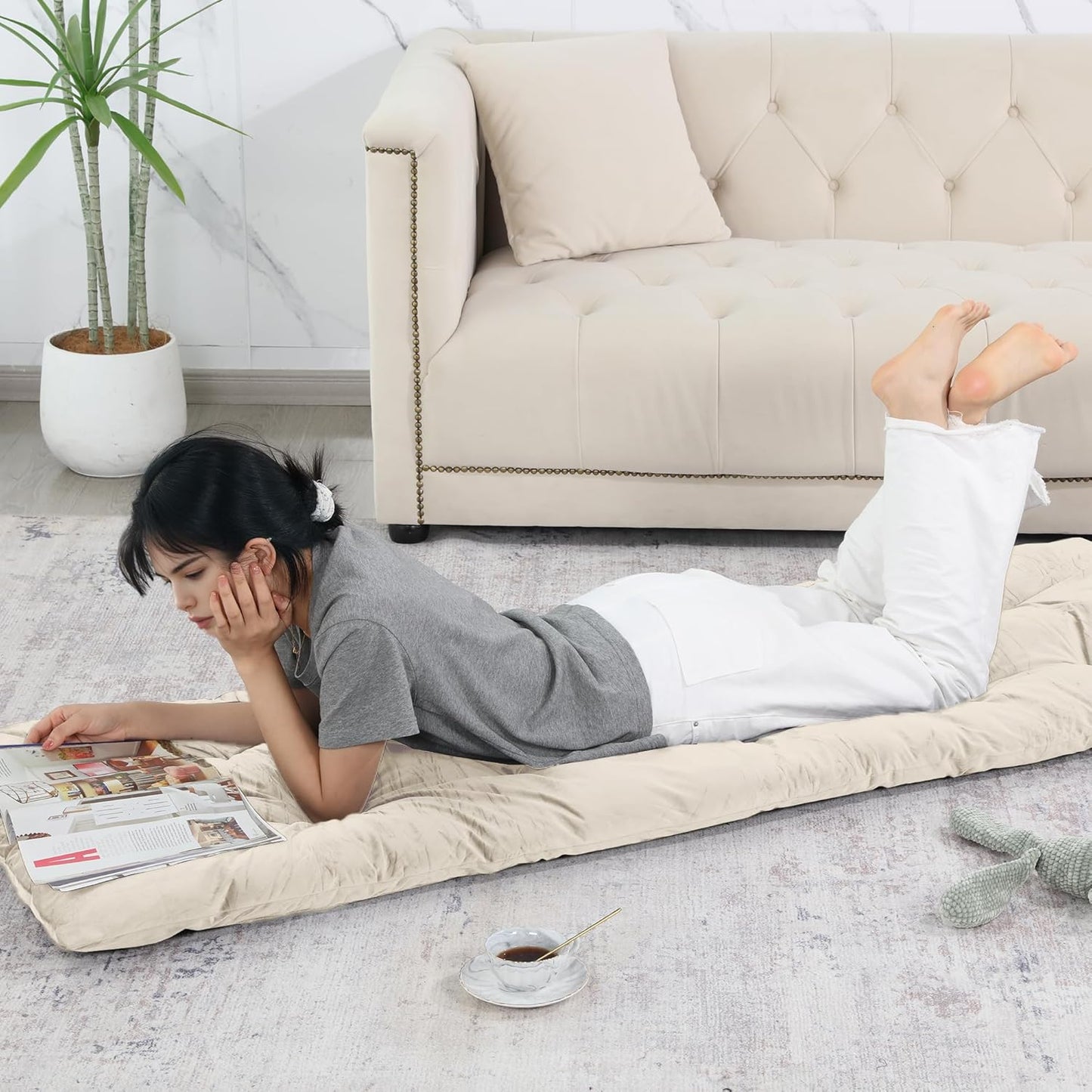 HOMBYS Floor Lounger Pillow Foldable and Tufted Design Long Floor Cushion for Yoga, Reading, Sleeping, Meditation, Elastic Band for Roll Up and Easy Storage, Machine Washable, Dark Grey, 74"x27"