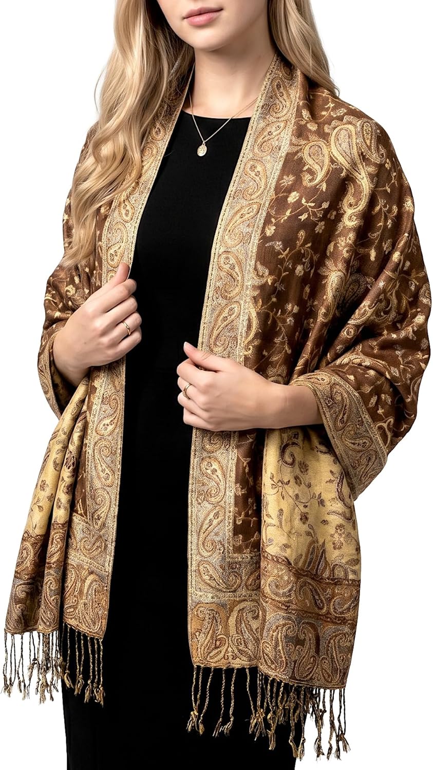 Achillea Reversible Paisley Pashmina Rave Scarf – Exotic Indian Shawls and Wraps for Evening Dresses, Festivals, All Seasons - Colors B