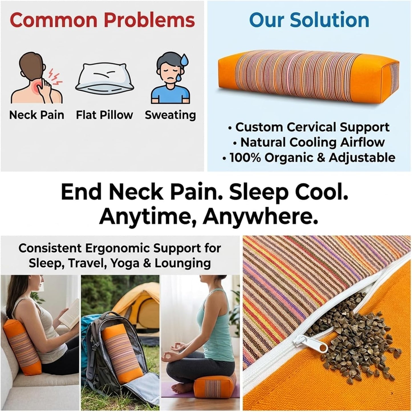 Adjustable Buckwheat Hull Pillow for Neck Pain Relief (21x8x4in) Natural Cooling Cervical Support Organic Pillow for Side & Back Sleepers with Night Sweats (Grey)