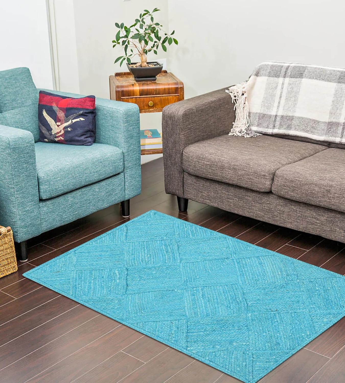 Hand Braided Jute 4 Ft Square Kilim Rug Flatweave Pink Geometric Pattern Jute Sisal Rug, Thick 0.27 Inch Indoor Outdoor Carpet for Kitchen, Bedside, Yoga Mat - Colors C