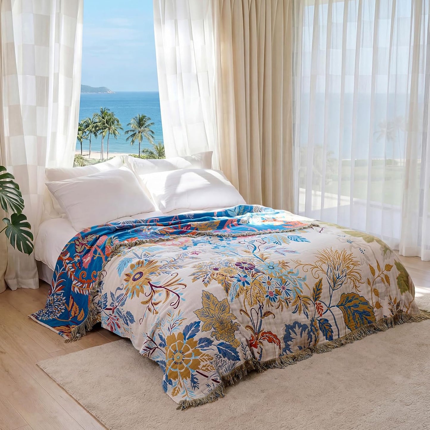 Boho Throw Blanket - 100% Cotton Soft Summer Throw Blanket for Bed, 50"x60" Reversible Breathable Lightweight Blankets, All Seasons Farmhouse Decor Floral Plant Butterfly Throw Quilt