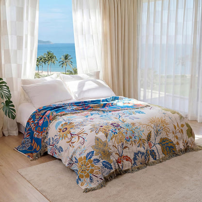 Boho Throw Blanket - 100% Cotton Soft Summer Throw Blanket for Bed, 50"x60" Reversible Breathable Lightweight Blankets, All Seasons Farmhouse Decor Floral Plant Butterfly Throw Quilt