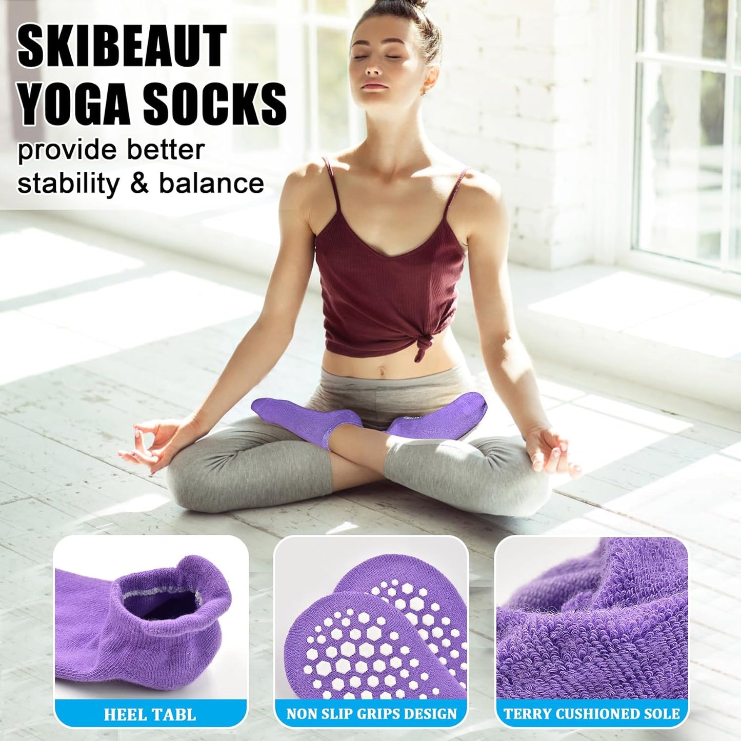 SkiBeaut Grips Non Slip Socks for Women, 4 Pairs Yoga Pilates Anti Skid Woman Hospital Gripper Socks (5-12)