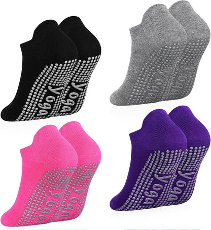 SkiBeaut Grips Non Slip Socks for Women, 4 Pairs Yoga Pilates Anti Skid Woman Hospital Gripper Socks (5-12)