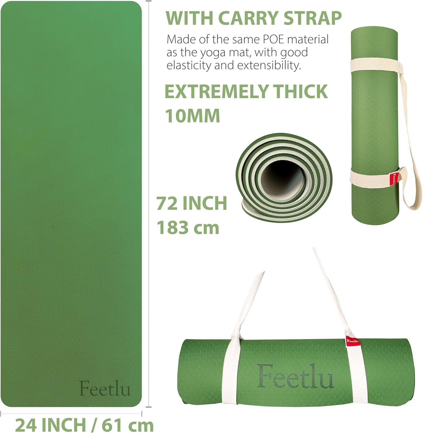 Extra Thick Exercise Yoga Mat with Strap - 2/5 Inch (10MM), Non-Slip Workout Mat for Yoga, Pilates, and Floor Exercises